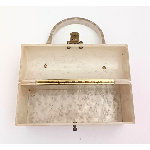 VTG 50s Lucite Box Purse Ivory Pearl Marble Jewel Clasp Twist Top Handle - Picture 11 of 13